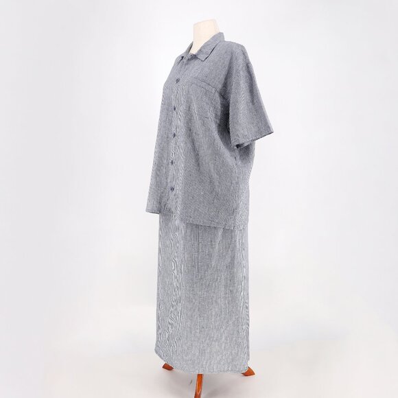 FLAX 2 Piece 100% Linen Navy Gingham Button Up Top (M) & Pull-On Maxi Skirt (L) - Picture 2 of 8